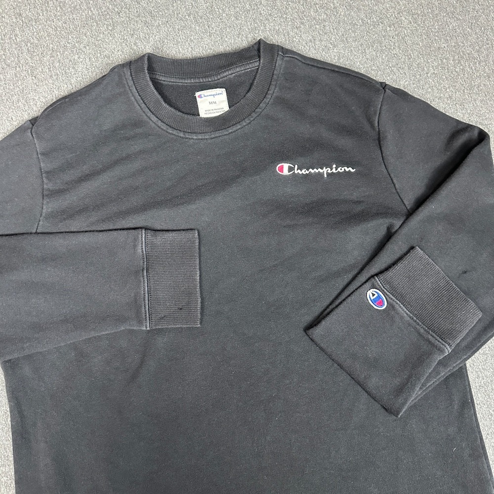 Champion Sweatshirt Mens M Black Sleeve Logo Crewneck Pullover Cotton Blend